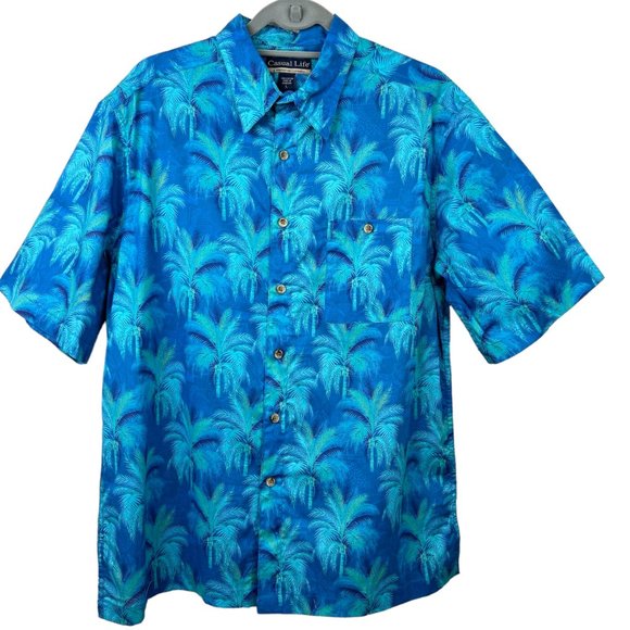 Weekender Casual Life Shirt Mens L Hawaiian Blue Palm Tree Button Short Sleeve - Picture 1 of 7